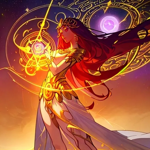 Prompt: Create a stunning, otherworldly depiction of Promethea, a divine, ethereal figure from the mystical realm of imagination. She stands tall, her flowing, radiant gown infused with the colors of a cosmic sunset—deep purples, golds, and fiery reds—shimmering with arcane symbols and celestial patterns. Her eyes glow with the wisdom of ancient gods, and in her hand, she holds a golden caduceus, representing knowledge and magic. Surrounding her is a swirling tapestry of mythical creatures, abstract patterns, and elements from various mythologies—Greek, Egyptian, and beyond—interweaving with the stars and planets of a boundless sky. The background should blend modern cityscapes with the dreamlike world of the Immateria, with bridges of light connecting them. Everything should feel like a fusion of magic and modernity, radiating power, wonder, and mystery."

This captures the essence of Promethea, blending mythology with the infinite imagination and dreamlike qualities central to the story.