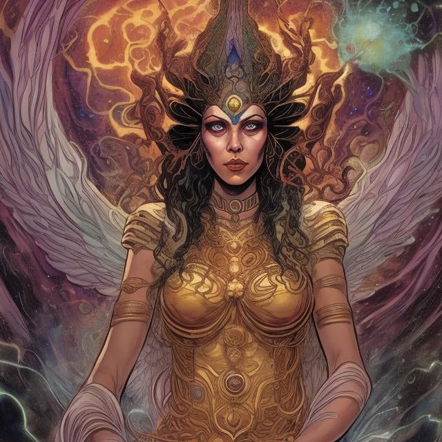 Prompt: In the comic book series "Promethea," the character is inspired by various mythological and mystical traditions. She is depicted as a conduit for the power of imagination and creativity, tapping into the collective unconscious and the realms of magic and mysticism. As the story progresses, Promethea undergoes transformations, embodying different aspects of divinity and exploring different mythological and spiritual archetypes. This allows the character to delve into deeper philosophical, psychological, and metaphysical themes, offering readers a rich exploration of human potential and the nature of consciousness.
