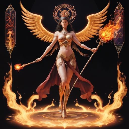 Prompt: FULL BODY, HYPER REALISTIC, PROMETHEA, GODDESS, MAGIC, ART, FIRE, LANGUAGE, BORDERS, PSYCHOPOMP, INSPIRATION, IMAGINATION, DIVINE, FEMALE, POWER, HOLDING A STAFF TOPPED WITH A FLAMING CADEUSUS