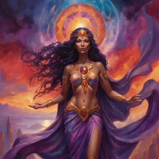 Prompt: Create a stunning, otherworldly depiction of Promethea, a divine, ethereal figure from the mystical realm of imagination. She stands tall, her flowing, radiant gown infused with the colors of a cosmic sunset—deep purples, golds, and fiery reds—shimmering with arcane symbols and celestial patterns. Her eyes glow with the wisdom of ancient gods, and in her hand, she holds a golden caduceus, representing knowledge and magic. Surrounding her is a swirling tapestry of mythical creatures, abstract patterns, and elements from various mythologies—Greek, Egyptian, and beyond—interweaving with the stars and planets of a boundless sky. The background should blend modern cityscapes with the dreamlike world of the Immateria, with bridges of light connecting them. Everything should feel like a fusion of magic and modernity, radiating power, wonder, and mystery."

This captures the essence of Promethea, blending mythology with the infinite imagination and dreamlike qualities central to the story.