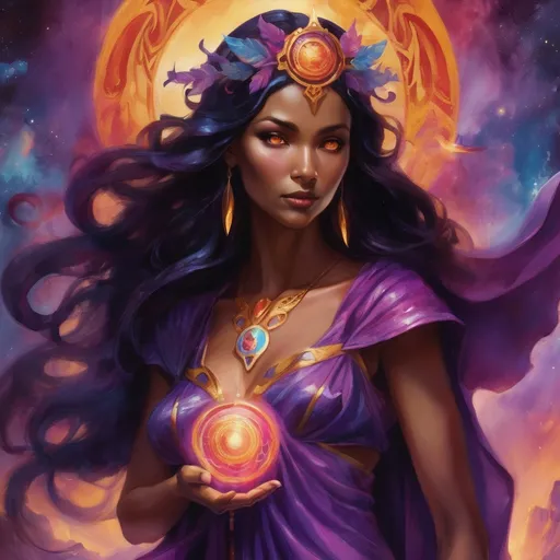 Prompt: Create a stunning, otherworldly depiction of Promethea, a divine, ethereal figure from the mystical realm of imagination. She stands tall, her flowing, radiant gown infused with the colors of a cosmic sunset—deep purples, golds, and fiery reds—shimmering with arcane symbols and celestial patterns. Her eyes glow with the wisdom of ancient gods, and in her hand, she holds a golden caduceus, representing knowledge and magic. Surrounding her is a swirling tapestry of mythical creatures, abstract patterns, and elements from various mythologies—Greek, Egyptian, and beyond—interweaving with the stars and planets of a boundless sky. The background should blend modern cityscapes with the dreamlike world of the Immateria, with bridges of light connecting them. Everything should feel like a fusion of magic and modernity, radiating power, wonder, and mystery."

This captures the essence of Promethea, blending mythology with the infinite imagination and dreamlike qualities central to the story.