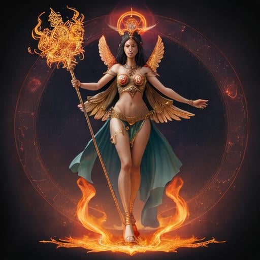 Prompt: FULL BODY, HYPER REALISTIC, PROMETHEA, GODDESS, MAGIC, ART, FIRE, LANGUAGE, BORDERS, PSYCHOPOMP, INSPIRATION, IMAGINATION, DIVINE, FEMALE, POWER, HOLDING A STAFF TOPPED WITH A FLAMING CADEUSUS