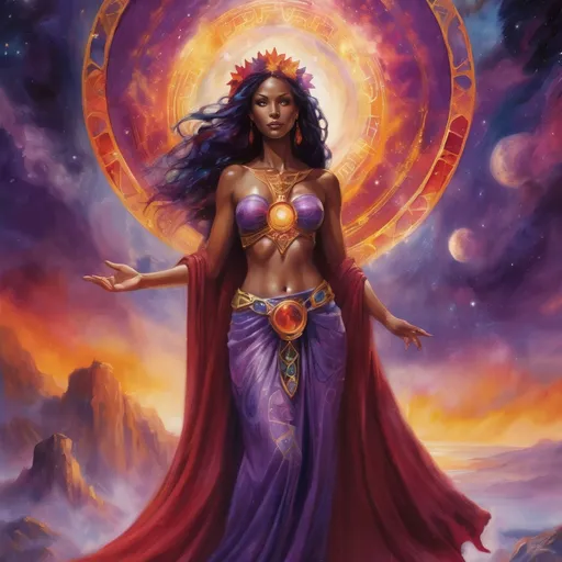 Prompt: Create a stunning, otherworldly depiction of Promethea, a divine, ethereal figure from the mystical realm of imagination. She stands tall, her flowing, radiant gown infused with the colors of a cosmic sunset—deep purples, golds, and fiery reds—shimmering with arcane symbols and celestial patterns. Her eyes glow with the wisdom of ancient gods, and in her hand, she holds a golden caduceus, representing knowledge and magic. Surrounding her is a swirling tapestry of mythical creatures, abstract patterns, and elements from various mythologies—Greek, Egyptian, and beyond—interweaving with the stars and planets of a boundless sky. The background should blend modern cityscapes with the dreamlike world of the Immateria, with bridges of light connecting them. Everything should feel like a fusion of magic and modernity, radiating power, wonder, and mystery."

This captures the essence of Promethea, blending mythology with the infinite imagination and dreamlike qualities central to the story.