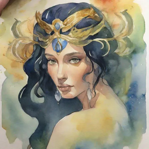 Prompt: LOOSE WATERCOLOR OF THE BEAUTIFUL FACE OF THE GODDESS PROMETHEA