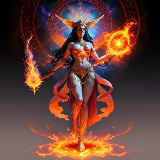 Prompt: FULL BODY, HYPER REALISTIC, PROMETHEA, GODDESS, MAGIC, ART, FIRE, LANGUAGE, BORDERS, PSYCHOPOMP, INSPIRATION, IMAGINATION, DIVINE, FEMALE, POWER, HOLDING A STAFF TOPPED WITH A FLAMING CADEUSUS