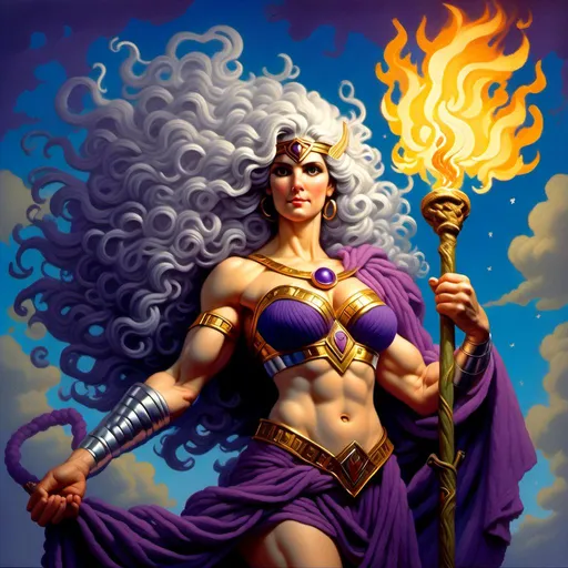Prompt: <mymodel>PROMETHEA, GODDESS, CURLY SILVER HAIR, MIDDLE AGED, STOCKY, VERY BIG MUSCULAR ARMS, STORT, WIDE SHOULDERS, WIDE WAIST, IRISH, HOLDING A STAFF TOPPED WITH A caduceus BURNING WITH PURPLE, BLUE, AND YELLOW FIRE, CUTE POT BELLY, VERY FEMININE