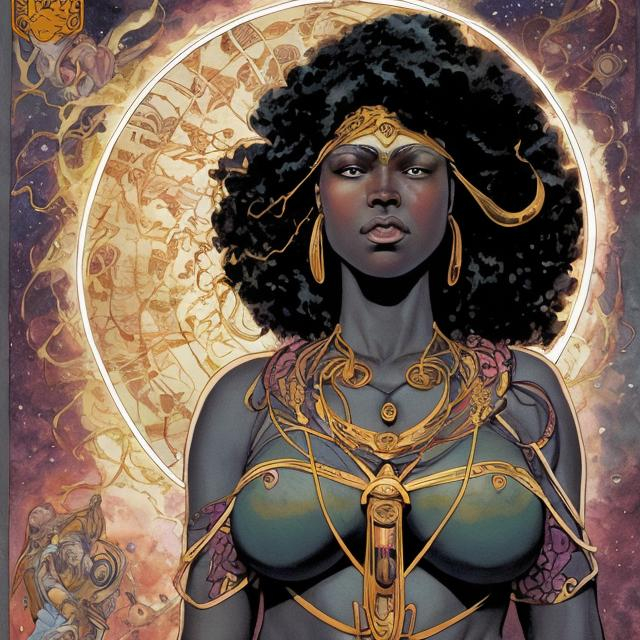 Prompt: The color of Promethea's skin also varies depending on the artist's interpretation and the specific issue of the comic book series. In illustrations, she has been depicted with a range of skin tones, including pale white, fair, or even a more exotic or otherworldly hue. The diverse portrayals of her skin color might be due to the artistic style of the illustrator or symbolic choices related to the character's transformative and mythological nature.