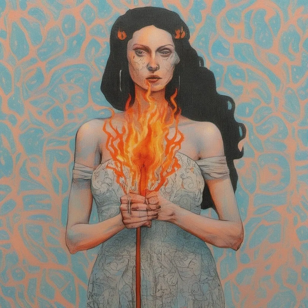 Prompt: FULL BODY, HYPER REALISTIC, PROMETHEA, GODDESS, MAGIC, ART, FIRE, LANGUAGE, BORDERS, PSYCHOPOMP, INSPIRATION, IMAGINATION, DIVINE, FEMALE, POWER, HOLDING A STAFF TOPPED WITH A FLAMING CADEUSUS