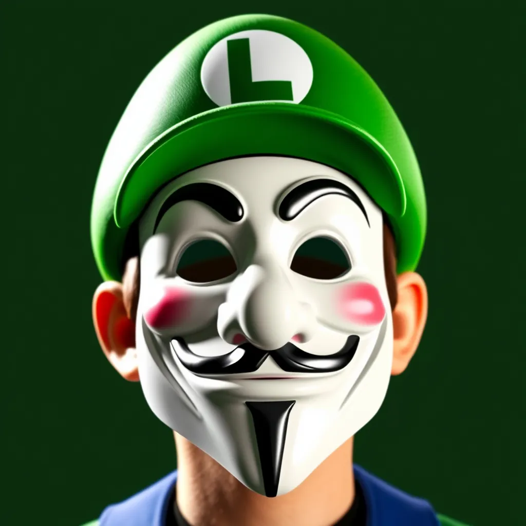 Prompt: an image of a Guy Fawkes mask but it's Luigi from the Mario Brothers