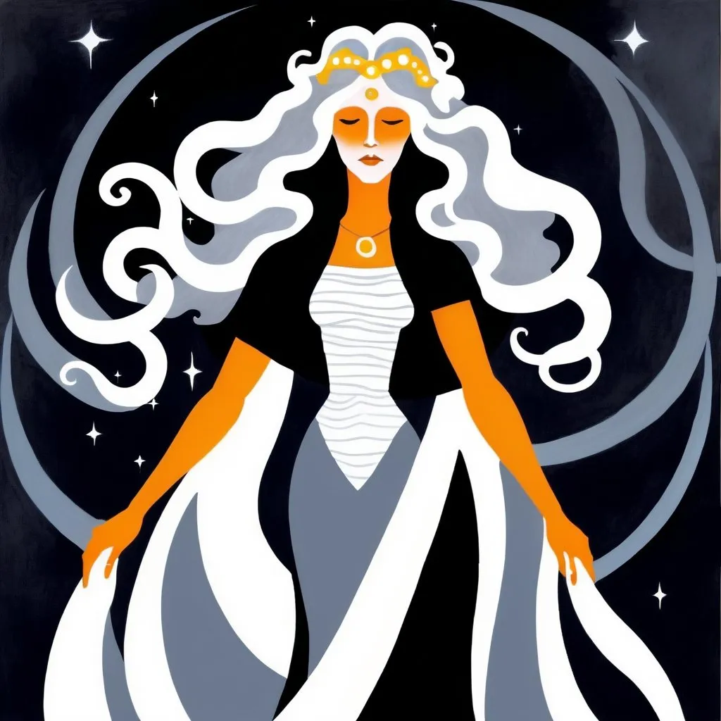 Prompt: expressionistic Promethea is a powerful and mystifying goddess figure, symbolized by her stocky stature, long curly white stripped gray hair, and elegant attire. Her ethereal and majestic presence exudes a sense of divine power and enigma, captivating those who worship her.