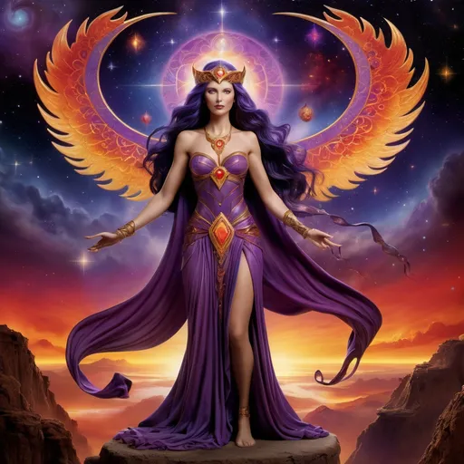 Prompt: Create a stunning, otherworldly depiction of Promethea, a divine, ethereal figure from the mystical realm of imagination. She stands tall, her flowing, radiant gown infused with the colors of a cosmic sunset—deep purples, golds, and fiery reds—shimmering with arcane symbols and celestial patterns. Her eyes glow with the wisdom of ancient gods, and in her hand, she holds a golden caduceus, representing knowledge and magic. Surrounding her is a swirling tapestry of mythical creatures, abstract patterns, and elements from various mythologies—Greek, Egyptian, and beyond—interweaving with the stars and planets of a boundless sky. The background should blend modern cityscapes with the dreamlike world of the Immateria, with bridges of light connecting them. Everything should feel like a fusion of magic and modernity, radiating power, wonder, and mystery."

This captures the essence of Promethea, blending mythology with the infinite imagination and dreamlike qualities central to the story.