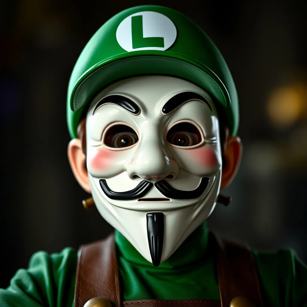 Prompt: an image of a Guy Fawkes mask but it's Luigi from the Mario Brothers