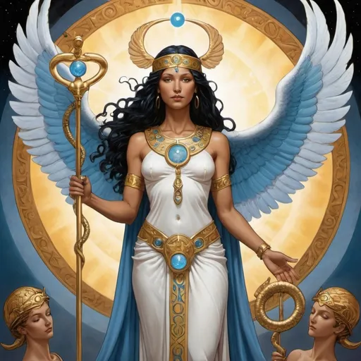 Prompt: When Promethea is fully manifested, she often takes on a more divine, ethereal appearance that transcends specific ethnic characteristics, reflecting a universal or mythological presence.Promethea is usually depicted wearing a flowing, ancient Greek-inspired outfit that resembles a warrior's attire, often with a cape and helmet. Her costume is adorned with mystical symbols, reflecting her role as a goddess-like figure. The colors of her attire can vary, but they often include gold, blue, and white, symbolizing purity, wisdom, and divine power. The caduceus SHE HOLDS is a staff entwined by two serpents and topped with wings, traditionally associated with Hermes, the messenger god in Greek mythology. In Promethea's context, the caduceus represents the merging of opposites, such as life and death, or matter and spirit. It symbolizes healing, transformation, and the balance of forces in the universe, aligning with Promethea's role as a mystical and transformative figure.