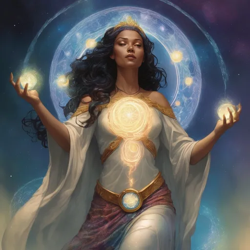 Prompt: Promethea appears as a luminous figure, her presence suffused with an otherworldly glow that seems to emanate from within her. Her skin, if visible, might shimmer faintly with iridescence, hinting at her connection to arcane energies. Her eyes, deep and enigmatic, hold a wisdom that spans ages, their color shifting subtly like the play of light on water.

She wears robes that seem to flow as if made of the very essence of magic itself—translucent yet vibrant, adorned with intricate patterns that resemble constellations or arcane runes. Symbols of her domain—a wand, a book of spells, or a crown of stars—may adorn her attire, each item pulsing softly with magical energy.

Promethea's hair cascades around her shoulders like a cascade of moonlit mist, occasionally flickering with tiny sparks of light. It seems to move of its own accord, as if responding to unseen currents of magic that permeate the air around her.

Her presence evokes a sense of both serenity and power, as if she embodies the delicate balance between the forces of creation and the mysteries of the cosmos. Promethea's form may appear ageless, timeless, and yet ever-changing, reflecting the boundless nature of magic itself.