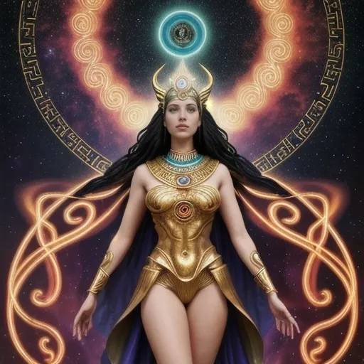 Prompt: Create a stunning, otherworldly depiction of Promethea, a divine, ethereal figure from the mystical realm of imagination. She stands tall, her flowing, radiant gown infused with the colors of a cosmic sunset—deep purples, golds, and fiery reds—shimmering with arcane symbols and celestial patterns. Her eyes glow with the wisdom of ancient gods, and in her hand, she holds a golden caduceus, representing knowledge and magic. Surrounding her is a swirling tapestry of mythical creatures, abstract patterns, and elements from various mythologies—Greek, Egyptian, and beyond—interweaving with the stars and planets of a boundless sky. The background should blend modern cityscapes with the dreamlike world of the Immateria, with bridges of light connecting them. Everything should feel like a fusion of magic and modernity, radiating power, wonder, and mystery."

This captures the essence of Promethea, blending mythology with the infinite imagination and dreamlike qualities central to the story.