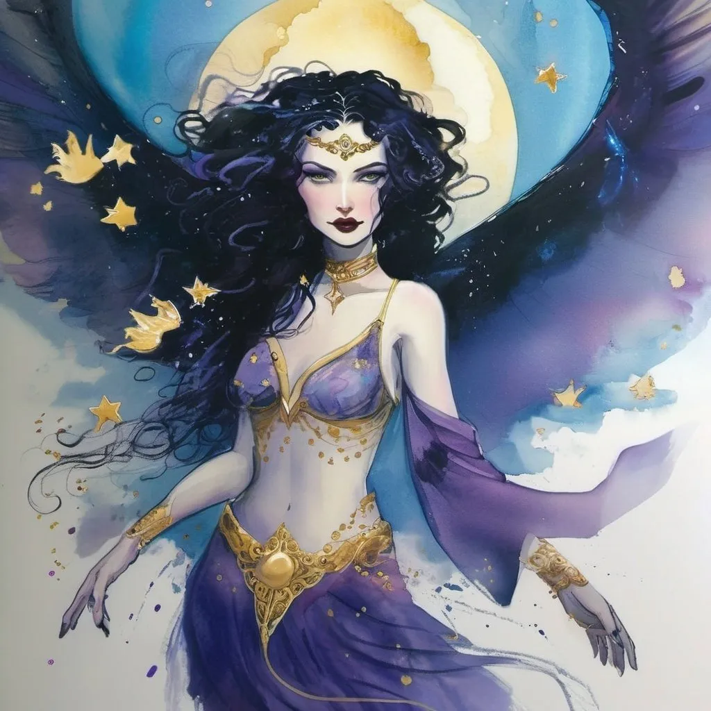 Prompt: Promethea, the magic goddess, is a stunningly beautiful being with a physique that exudes power and elegance. She stands tall at around 5'9" with a lithe yet athletic build, her curves honed from centuries of wielding her magical abilities. Her skin is a radiant porcelain-like complexion with a subtle shimmer, as if infused with the essence of the stars. Her raven-black hair cascades down her back like a waterfall of night, with subtle hints of purple and indigo that seem to shift and change color depending on the light. Her eyes burn with an inner fire, blazing like two sapphires that sparkle with an otherworldly intensity. Her features are chiseled and refined, with high cheekbones, a small nose, and lips that curve into a perpetual enigmatic smile. A delicate filigree of silver and gold adorns her ears, wrists, and throat, pulsing with a soft blue glow that seems to reflect the rhythm of the cosmos. As she moves, her very presence seems to command attention, as if the air itself responds to her magic.
