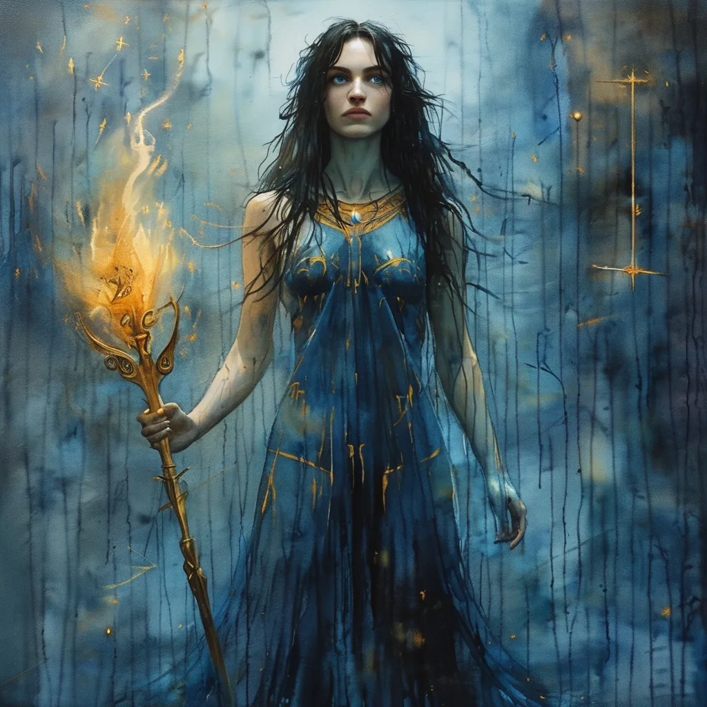 Prompt: The painting portrays a dreamy, wet-on-wet watercolor scene, using minimal paints and soft, fluid strokes to create a hazy, impressionistic composition. Promethea, the Goddess of Magic, stands tall and regal, her presence exuding divine power and mystical energy. She holds a flaming staff in her left hand, its fiery tendrils spiraling upward, casting an ethereal light that dances around her. The staff’s base is adorned with ancient runes, glowing softly in harmony with the flame. In her right hand, she wields a magnificent sword, a blend of silver and gold, its blade shimmering with an otherworldly glow. The sword’s hilt is intricately designed with celestial symbols, reflecting the dual nature of magic and power.

Her eyes glow with the intensity of arcane wisdom, her long flowing hair seeming to move with an unseen breeze, as though charged with magical energy. Promethea's robes are a deep, midnight blue with accents of silver and gold, swirling in patterns that mimic the cosmos. Around her, faint magical sigils hover in the air, and the ground beneath her glows softly as if enchanted by her mere presence. The entire scene feels alive with the force of magic, a combination of elegance, strength, and mystery.