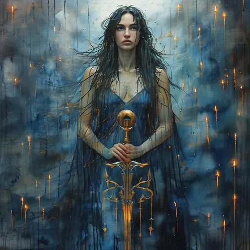 Prompt: The painting portrays a dreamy, wet-on-wet watercolor scene, using minimal paints and soft, fluid strokes to create a hazy, impressionistic composition. Promethea, the Goddess of Magic, stands tall and regal, her presence exuding divine power and mystical energy. She holds a flaming staff in her left hand, its fiery tendrils spiraling upward, casting an ethereal light that dances around her. The staff’s base is adorned with ancient runes, glowing softly in harmony with the flame. In her right hand, she wields a magnificent sword, a blend of silver and gold, its blade shimmering with an otherworldly glow. The sword’s hilt is intricately designed with celestial symbols, reflecting the dual nature of magic and power.

Her eyes glow with the intensity of arcane wisdom, her long flowing hair seeming to move with an unseen breeze, as though charged with magical energy. Promethea's robes are a deep, midnight blue with accents of silver and gold, swirling in patterns that mimic the cosmos. Around her, faint magical sigils hover in the air, and the ground beneath her glows softly as if enchanted by her mere presence. The entire scene feels alive with the force of magic, a combination of elegance, strength, and mystery.