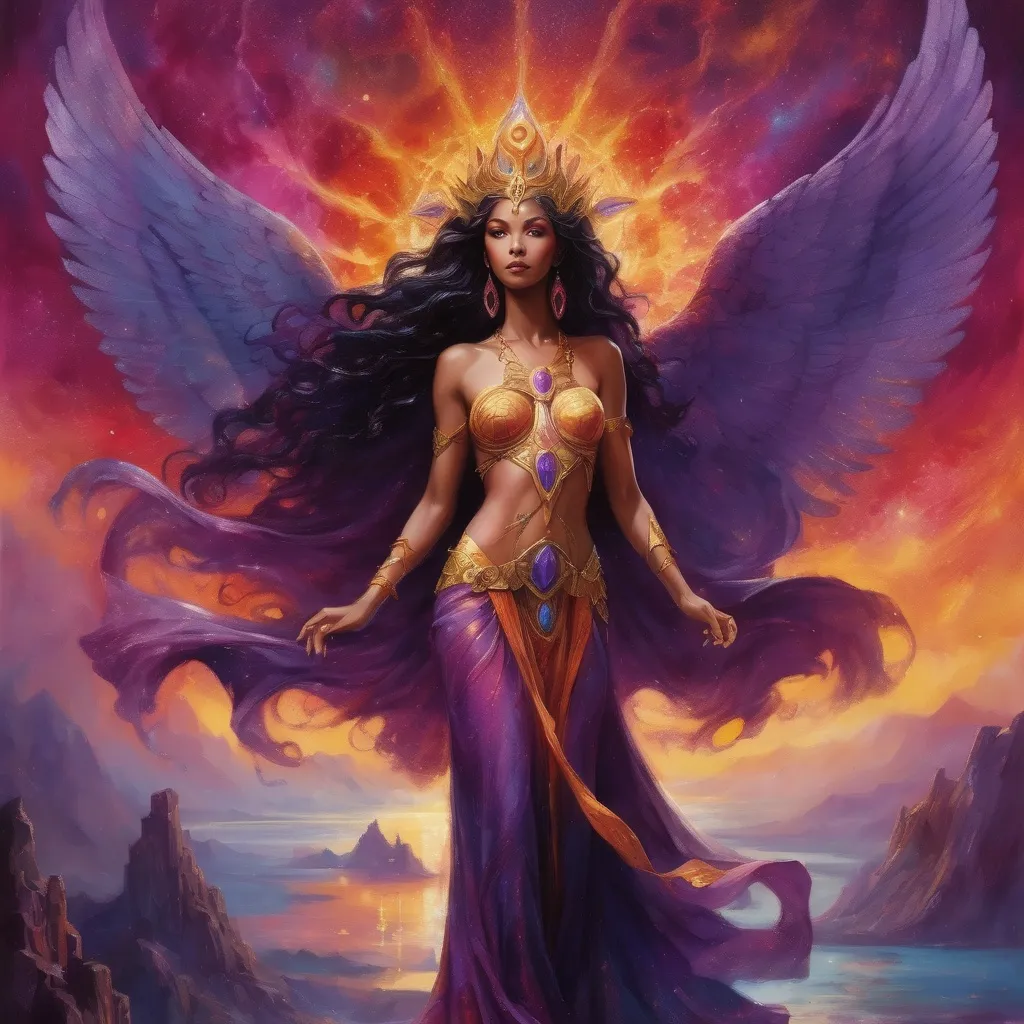 Prompt: Create a stunning, otherworldly depiction of Promethea, a divine, ethereal figure from the mystical realm of imagination. She stands tall, her flowing, radiant gown infused with the colors of a cosmic sunset—deep purples, golds, and fiery reds—shimmering with arcane symbols and celestial patterns. Her eyes glow with the wisdom of ancient gods, and in her hand, she holds a golden caduceus, representing knowledge and magic. Surrounding her is a swirling tapestry of mythical creatures, abstract patterns, and elements from various mythologies—Greek, Egyptian, and beyond—interweaving with the stars and planets of a boundless sky. The background should blend modern cityscapes with the dreamlike world of the Immateria, with bridges of light connecting them. Everything should feel like a fusion of magic and modernity, radiating power, wonder, and mystery."

This captures the essence of Promethea, blending mythology with the infinite imagination and dreamlike qualities central to the story.