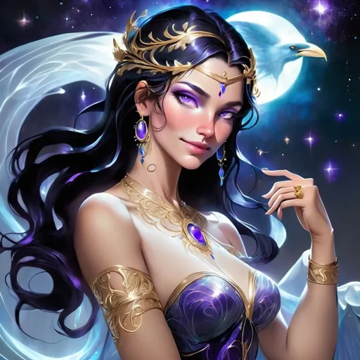 Prompt: Promethea, the magic goddess, is a stunningly beautiful being with a physique that exudes power and elegance. She stands tall at around 5'9" with a lithe yet athletic build, her curves honed from centuries of wielding her magical abilities. Her skin is a radiant porcelain-like complexion with a subtle shimmer, as if infused with the essence of the stars. Her raven-black hair cascades down her back like a waterfall of night, with subtle hints of purple and indigo that seem to shift and change color depending on the light. Her eyes burn with an inner fire, blazing like two sapphires that sparkle with an otherworldly intensity. Her features are chiseled and refined, with high cheekbones, a small nose, and lips that curve into a perpetual enigmatic smile. A delicate filigree of silver and gold adorns her ears, wrists, and throat, pulsing with a soft blue glow that seems to reflect the rhythm of the cosmos. As she moves, her very presence seems to command attention, as if the air itself responds to her magic.
