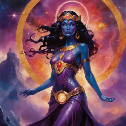 Prompt: Create a stunning, otherworldly depiction of Promethea, a divine, ethereal figure from the mystical realm of imagination. She stands tall, her flowing, radiant gown infused with the colors of a cosmic sunset—deep purples, golds, and fiery reds—shimmering with arcane symbols and celestial patterns. Her eyes glow with the wisdom of ancient gods, and in her hand, she holds a golden caduceus, representing knowledge and magic. Surrounding her is a swirling tapestry of mythical creatures, abstract patterns, and elements from various mythologies—Greek, Egyptian, and beyond—interweaving with the stars and planets of a boundless sky. The background should blend modern cityscapes with the dreamlike world of the Immateria, with bridges of light connecting them. Everything should feel like a fusion of magic and modernity, radiating power, wonder, and mystery."

This captures the essence of Promethea, blending mythology with the infinite imagination and dreamlike qualities central to the story.