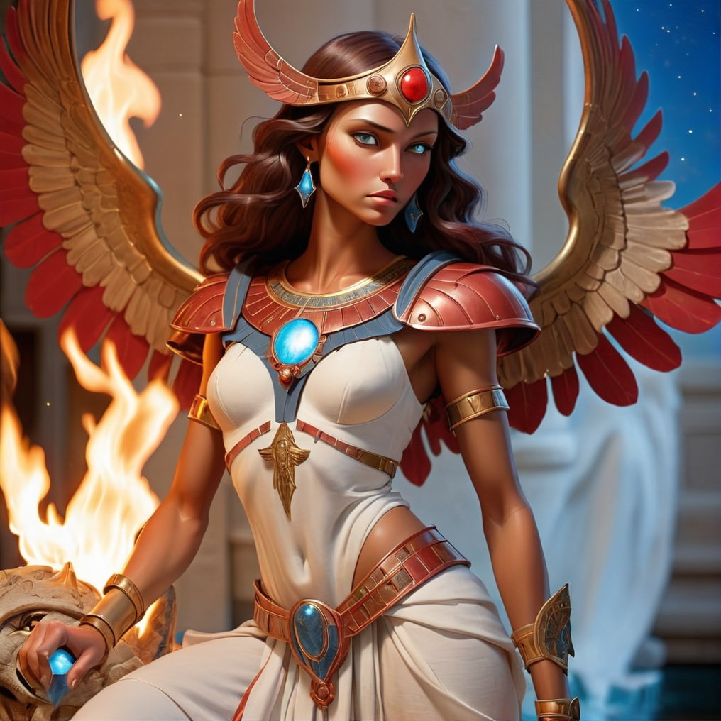 Prompt: PROMETHEA in WHITE LINEN WITH BLUE TRIM AND RED and BRONZE ARMOR HOLDING A CADEUSUS FLAMING WITH HOLY FIRE, wings, stars in the background, fantasy, Egyptian art, GODDESS, ART, FIRE, WATER, ARIES, AQUARIUS, LANGUAGE, COMMUNICATION, BORDERS, INSPIRATION, MAGIC, FEMALE, POWER, STRONG ARMS, WARRIOR