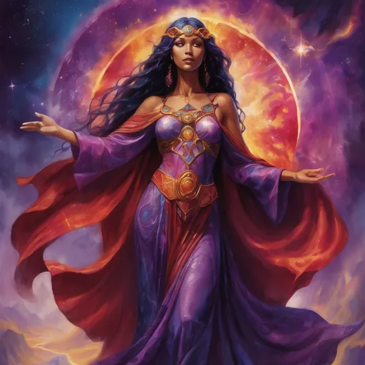 Prompt: Create a stunning, otherworldly depiction of Promethea, a divine, ethereal figure from the mystical realm of imagination. She stands tall, her flowing, radiant gown infused with the colors of a cosmic sunset—deep purples, golds, and fiery reds—shimmering with arcane symbols and celestial patterns. Her eyes glow with the wisdom of ancient gods, and in her hand, she holds a golden caduceus, representing knowledge and magic. Surrounding her is a swirling tapestry of mythical creatures, abstract patterns, and elements from various mythologies—Greek, Egyptian, and beyond—interweaving with the stars and planets of a boundless sky. The background should blend modern cityscapes with the dreamlike world of the Immateria, with bridges of light connecting them. Everything should feel like a fusion of magic and modernity, radiating power, wonder, and mystery."

This captures the essence of Promethea, blending mythology with the infinite imagination and dreamlike qualities central to the story.