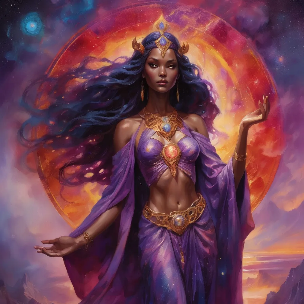 Prompt: Create a stunning, otherworldly depiction of Promethea, a divine, ethereal figure from the mystical realm of imagination. She stands tall, her flowing, radiant gown infused with the colors of a cosmic sunset—deep purples, golds, and fiery reds—shimmering with arcane symbols and celestial patterns. Her eyes glow with the wisdom of ancient gods, and in her hand, she holds a golden caduceus, representing knowledge and magic. Surrounding her is a swirling tapestry of mythical creatures, abstract patterns, and elements from various mythologies—Greek, Egyptian, and beyond—interweaving with the stars and planets of a boundless sky. The background should blend modern cityscapes with the dreamlike world of the Immateria, with bridges of light connecting them. Everything should feel like a fusion of magic and modernity, radiating power, wonder, and mystery."

This captures the essence of Promethea, blending mythology with the infinite imagination and dreamlike qualities central to the story.