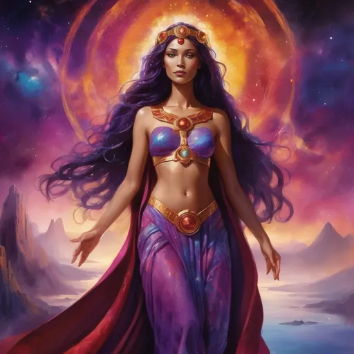 Prompt: Create a stunning, otherworldly depiction of Promethea, a divine, ethereal figure from the mystical realm of imagination. She stands tall, her flowing, radiant gown infused with the colors of a cosmic sunset—deep purples, golds, and fiery reds—shimmering with arcane symbols and celestial patterns. Her eyes glow with the wisdom of ancient gods, and in her hand, she holds a golden caduceus, representing knowledge and magic. Surrounding her is a swirling tapestry of mythical creatures, abstract patterns, and elements from various mythologies—Greek, Egyptian, and beyond—interweaving with the stars and planets of a boundless sky. The background should blend modern cityscapes with the dreamlike world of the Immateria, with bridges of light connecting them. Everything should feel like a fusion of magic and modernity, radiating power, wonder, and mystery."

This captures the essence of Promethea, blending mythology with the infinite imagination and dreamlike qualities central to the story.