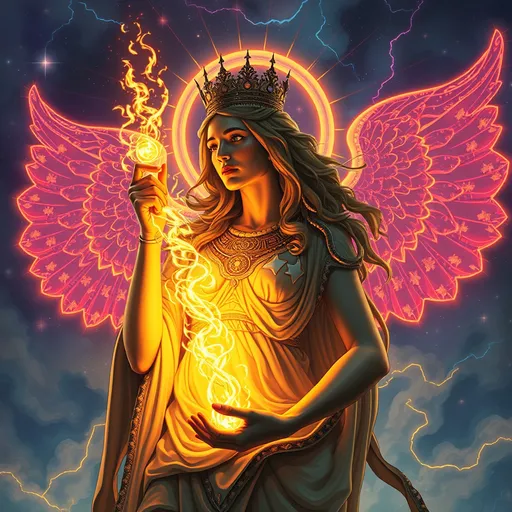 Prompt: PROMETHEA HOLDING A FLAMING GLOWING CADUCEUS REVACHOL FOREVER DISCO ELYSIUM