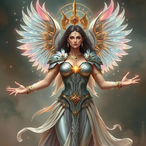 Prompt: Promethea is the embodiment of the imagination, myth, and storytelling. She is a concept and force that exists across different times, taking on various forms through different individuals who become her host.  Promethea is often depicted as a powerful, divine figure with a mythological and ethereal aesthetic. She wears armor-like attire, often adorned with intricate designs and symbols, embodying the mysticism and imagination she represents.