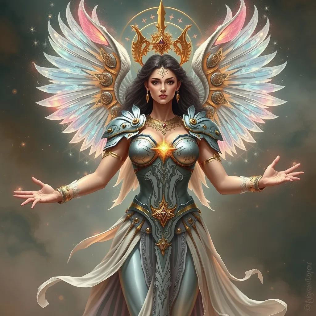 Prompt: Promethea is the embodiment of the imagination, myth, and storytelling. She is a concept and force that exists across different times, taking on various forms through different individuals who become her host.  Promethea is often depicted as a powerful, divine figure with a mythological and ethereal aesthetic. She wears armor-like attire, often adorned with intricate designs and symbols, embodying the mysticism and imagination she represents.