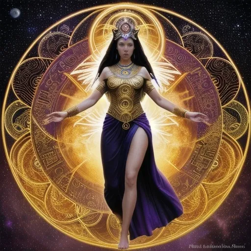 Prompt: Create a stunning, otherworldly depiction of Promethea, a divine, ethereal figure from the mystical realm of imagination. She stands tall, her flowing, radiant gown infused with the colors of a cosmic sunset—deep purples, golds, and fiery reds—shimmering with arcane symbols and celestial patterns. Her eyes glow with the wisdom of ancient gods, and in her hand, she holds a golden caduceus, representing knowledge and magic. Surrounding her is a swirling tapestry of mythical creatures, abstract patterns, and elements from various mythologies—Greek, Egyptian, and beyond—interweaving with the stars and planets of a boundless sky. The background should blend modern cityscapes with the dreamlike world of the Immateria, with bridges of light connecting them. Everything should feel like a fusion of magic and modernity, radiating power, wonder, and mystery."

This captures the essence of Promethea, blending mythology with the infinite imagination and dreamlike qualities central to the story.