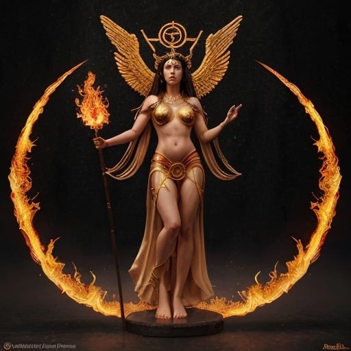 Prompt: FULL BODY, HYPER REALISTIC, PROMETHEA, GODDESS, MAGIC, ART, FIRE, LANGUAGE, BORDERS, PSYCHOPOMP, INSPIRATION, IMAGINATION, DIVINE, FEMALE, POWER, HOLDING A STAFF TOPPED WITH A FLAMING CADEUSUS