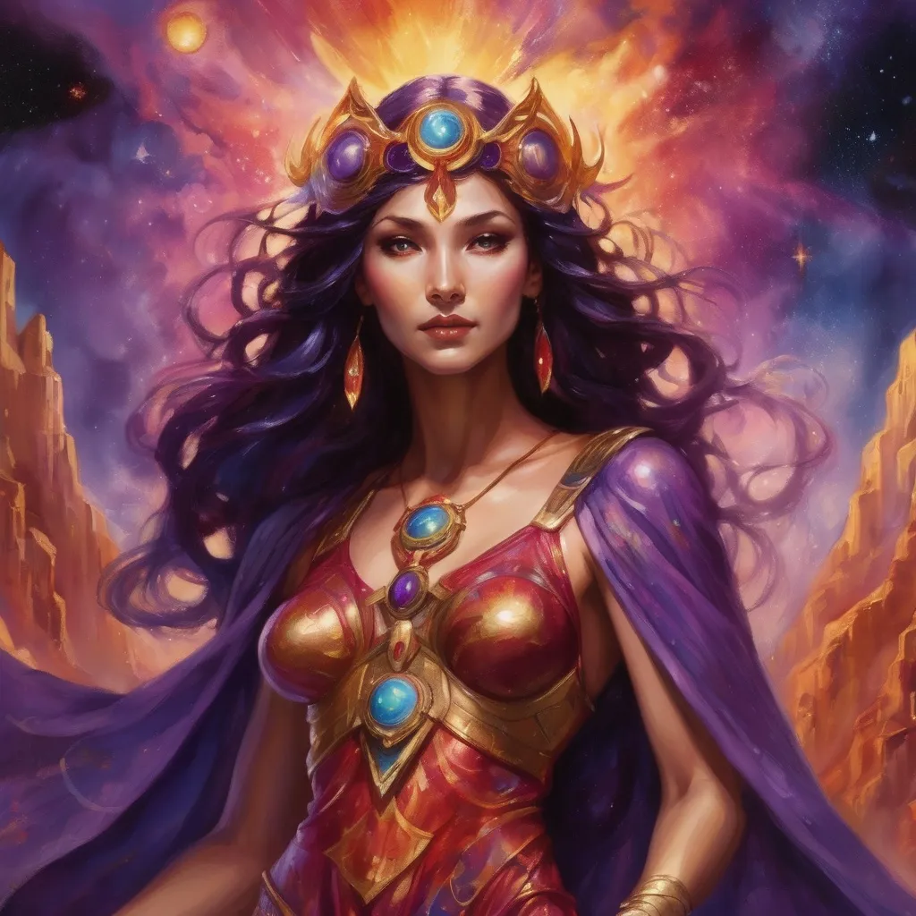 Prompt: Create a stunning, otherworldly depiction of Promethea, a divine, ethereal figure from the mystical realm of imagination. She stands tall, her flowing, radiant gown infused with the colors of a cosmic sunset—deep purples, golds, and fiery reds—shimmering with arcane symbols and celestial patterns. Her eyes glow with the wisdom of ancient gods, and in her hand, she holds a golden caduceus, representing knowledge and magic. Surrounding her is a swirling tapestry of mythical creatures, abstract patterns, and elements from various mythologies—Greek, Egyptian, and beyond—interweaving with the stars and planets of a boundless sky. The background should blend modern cityscapes with the dreamlike world of the Immateria, with bridges of light connecting them. Everything should feel like a fusion of magic and modernity, radiating power, wonder, and mystery."

This captures the essence of Promethea, blending mythology with the infinite imagination and dreamlike qualities central to the story.