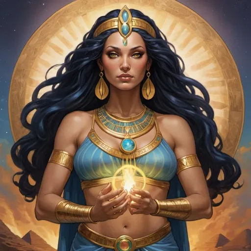 Prompt: Promethea represents a captivating fusion of divine qualities attributed to Goddesses, encompassing magic, art, fire, language, and power. With her Egyptian and Irish heritage, she embodies a unique blend of cultural influences, while her huge thick arms symbolize her immense strength and presence as a formidable female deity.