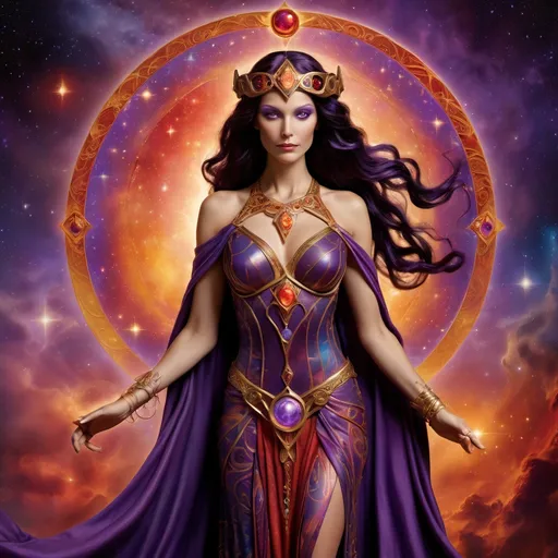 Prompt: Create a stunning, otherworldly depiction of Promethea, a divine, ethereal figure from the mystical realm of imagination. She stands tall, her flowing, radiant gown infused with the colors of a cosmic sunset—deep purples, golds, and fiery reds—shimmering with arcane symbols and celestial patterns. Her eyes glow with the wisdom of ancient gods, and in her hand, she holds a golden caduceus, representing knowledge and magic. Surrounding her is a swirling tapestry of mythical creatures, abstract patterns, and elements from various mythologies—Greek, Egyptian, and beyond—interweaving with the stars and planets of a boundless sky. The background should blend modern cityscapes with the dreamlike world of the Immateria, with bridges of light connecting them. Everything should feel like a fusion of magic and modernity, radiating power, wonder, and mystery."

This captures the essence of Promethea, blending mythology with the infinite imagination and dreamlike qualities central to the story.