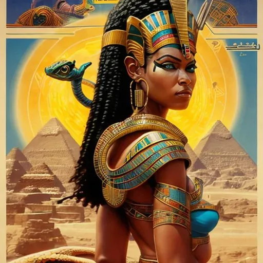 Prompt: a poster of a woman with a bird on her shoulder and a snake on her shoulder, with egyptian writing on the back, Drew Struzan, afrofuturism, comic cover art, a comic book panel
