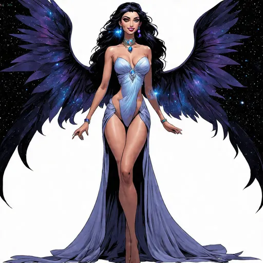 Prompt: Promethea, the magic goddess, is a stunningly beautiful being with a physique that exudes power and elegance. She stands tall at around 5'9" with a lithe yet athletic build, her curves honed from centuries of wielding her magical abilities. Her skin is a radiant porcelain-like complexion with a subtle shimmer, as if infused with the essence of the stars. Her raven-black hair cascades down her back like a waterfall of night, with subtle hints of purple and indigo that seem to shift and change color depending on the light. Her eyes burn with an inner fire, blazing like two sapphires that sparkle with an otherworldly intensity. Her features are chiseled and refined, with high cheekbones, a small nose, and lips that curve into a perpetual enigmatic smile. A delicate filigree of silver and gold adorns her ears, wrists, and throat, pulsing with a soft blue glow that seems to reflect the rhythm of the cosmos. As she moves, her very presence seems to command attention, as if the air itself responds to her magic.