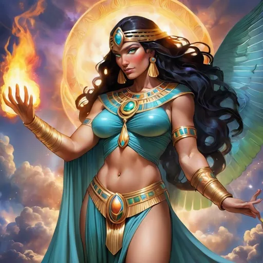 Prompt: Promethea represents a captivating fusion of divine qualities attributed to Goddesses, encompassing magic, art, fire, language, and power. With her Egyptian and Irish heritage, she embodies a unique blend of cultural influences, while her huge thick arms symbolize her immense strength and presence as a formidable female deity.