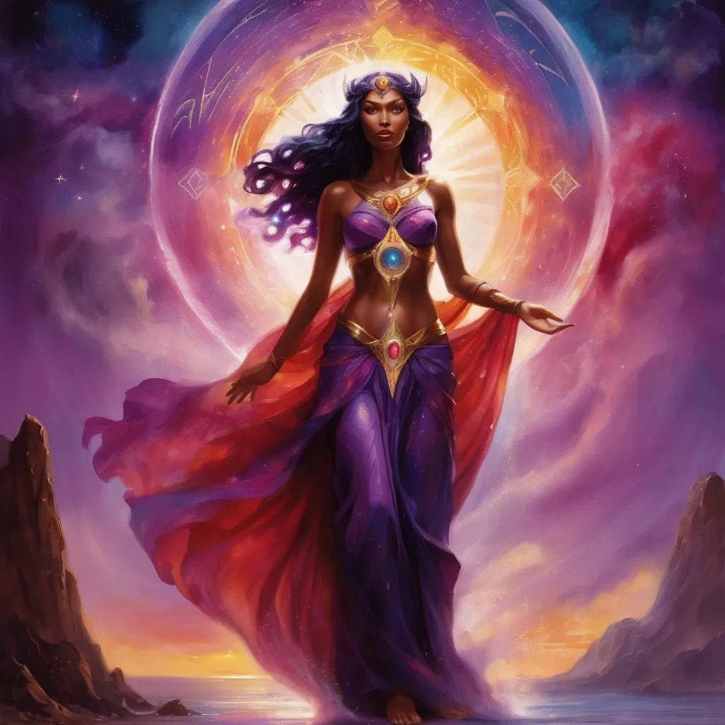 Prompt: Create a stunning, otherworldly depiction of Promethea, a divine, ethereal figure from the mystical realm of imagination. She stands tall, her flowing, radiant gown infused with the colors of a cosmic sunset—deep purples, golds, and fiery reds—shimmering with arcane symbols and celestial patterns. Her eyes glow with the wisdom of ancient gods, and in her hand, she holds a golden caduceus, representing knowledge and magic. Surrounding her is a swirling tapestry of mythical creatures, abstract patterns, and elements from various mythologies—Greek, Egyptian, and beyond—interweaving with the stars and planets of a boundless sky. The background should blend modern cityscapes with the dreamlike world of the Immateria, with bridges of light connecting them. Everything should feel like a fusion of magic and modernity, radiating power, wonder, and mystery."

This captures the essence of Promethea, blending mythology with the infinite imagination and dreamlike qualities central to the story.