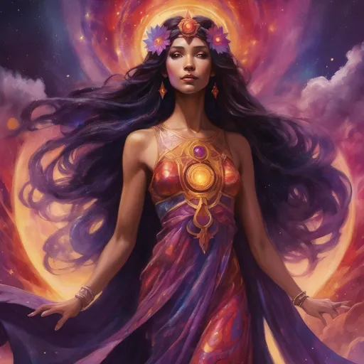 Prompt: Create a stunning, otherworldly depiction of Promethea, a divine, ethereal figure from the mystical realm of imagination. She stands tall, her flowing, radiant gown infused with the colors of a cosmic sunset—deep purples, golds, and fiery reds—shimmering with arcane symbols and celestial patterns. Her eyes glow with the wisdom of ancient gods, and in her hand, she holds a golden caduceus, representing knowledge and magic. Surrounding her is a swirling tapestry of mythical creatures, abstract patterns, and elements from various mythologies—Greek, Egyptian, and beyond—interweaving with the stars and planets of a boundless sky. The background should blend modern cityscapes with the dreamlike world of the Immateria, with bridges of light connecting them. Everything should feel like a fusion of magic and modernity, radiating power, wonder, and mystery."

This captures the essence of Promethea, blending mythology with the infinite imagination and dreamlike qualities central to the story.