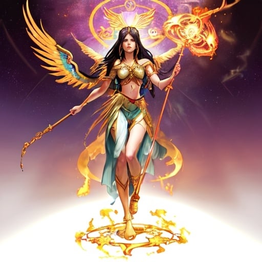 Prompt: FULL BODY, HYPER REALISTIC, PROMETHEA, GODDESS, MAGIC, ART, FIRE, LANGUAGE, BORDERS, PSYCHOPOMP, INSPIRATION, IMAGINATION, DIVINE, FEMALE, POWER, HOLDING A STAFF TOPPED WITH A FLAMING CADEUSUS