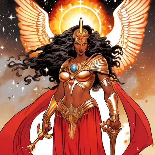 Prompt: PROMETHEA HEAVILY MUSCLED in RED ROBES and BRONZE ARMOR HOLDING A CADEUSUS FLAMING WITH HOLY FIRE, wings, stars in the background, fantasy, Egyptian art, GODDESS, ART, FIRE, WATER, ARIES, AQUARIUS, LANGUAGE, COMMUNICATION, BORDERS, INSPIRATION, MAGIC, FEMALE, POWER, STRONG ARMS, WARRIOR, THICK CURLY SILVER HAIR.