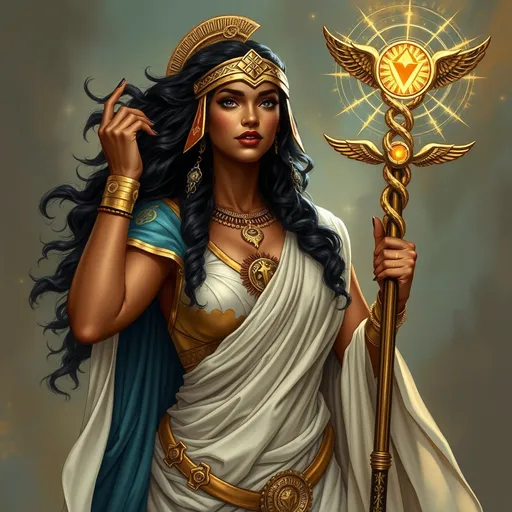 Prompt: When Promethea is fully manifested, she often takes on a more divine, ethereal appearance that transcends specific ethnic characteristics, reflecting a universal or mythological presence.Promethea is usually depicted wearing a flowing, ancient Greek-inspired outfit that resembles a warrior's attire, often with a cape and helmet. Her costume is adorned with mystical symbols, reflecting her role as a goddess-like figure. The colors of her attire can vary, but they often include gold, blue, and white, symbolizing purity, wisdom, and divine power. The caduceus SHE HOLDS is a staff entwined by two serpents and topped with wings, traditionally associated with Hermes, the messenger god in Greek mythology. In Promethea's context, the caduceus represents the merging of opposites, such as life and death, or matter and spirit. It symbolizes healing, transformation, and the balance of forces in the universe, aligning with Promethea's role as a mystical and transformative figure.