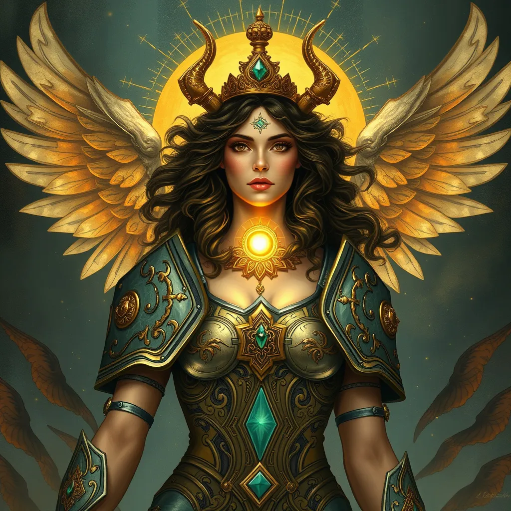 Prompt: Promethea is the embodiment of the imagination, myth, and storytelling. She is a concept and force that exists across different times, taking on various forms through different individuals who become her host.  Promethea is often depicted as a powerful, divine figure with a mythological and ethereal aesthetic. She wears armor-like attire, often adorned with intricate designs and symbols, embodying the mysticism and imagination she represents.