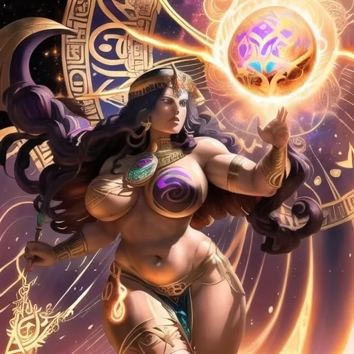 Prompt: Promethea represents a captivating fusion of divine qualities attributed to Goddesses, encompassing magic, art, fire, language, and power. With her Egyptian and Irish heritage, she embodies a unique blend of cultural influences, while her huge thick arms symbolize her immense strength and presence as a formidable female deity.