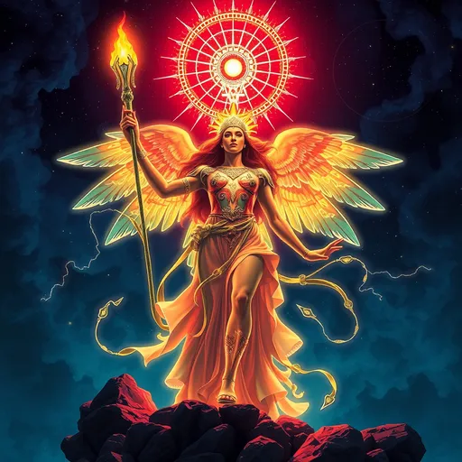 Prompt: PROMETHEA HOLDING A FLAMING GLOWING CADUCEUS REVACHOL FOREVER DISCO ELYSIUM