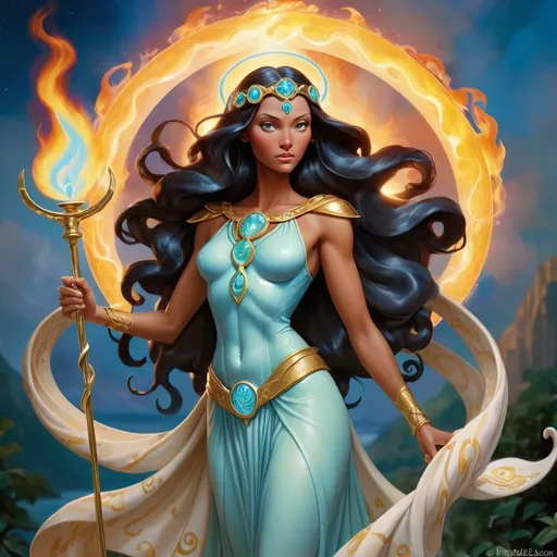 Prompt: Promethea is a majestic and radiant figure, embodying wisdom and strength. As the Magic Goddess, she possesses an aura of profound knowledge and benevolence. Standing tall and poised, she exudes a calm yet powerful presence that commands respect and admiration. Her eyes, shimmering with a deep understanding of the universe, reflect both compassion and determination.

In her right hand, Promethea holds a flaming caduceus, a symbol of healing and transformation. The flames that surround it are not destructive but rather warm and comforting, representing the light of knowledge that dispels ignorance and the energy that brings about positive change. Her flowing robes, shimmering with iridescent hues, seem to ripple with the power of the elements, hinting at her connection to the fundamental forces of nature.

Promethea's demeanor is one of serene confidence. She is a guiding light, a protector of wisdom, and an embodiment of the magical forces that inspire creativity and growth. Her presence is both awe-inspiring and reassuring, making her a figure of immense respect and admiration in the world she graces.