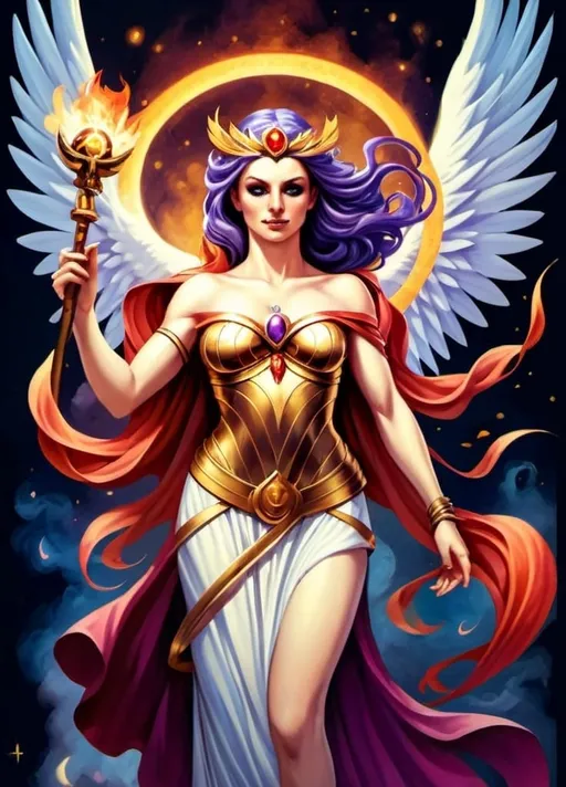 Prompt: Promethea, the goddess with her striking appearance and powerful presence, embodies a combination of beauty, strength, and magic. With her flowing red, gold, silver, and white robes inspired by iconic figures like Medusa and Wonder Woman, she exudes a regal aura. Her muscular arms and wide physique suggest both physical prowess and divine grace, while her staff, burning with purple, blue, and yellow fire, symbolizes her mystical abilities. Promethea represents a captivating mix of femininity and might, a true symbol of myth and wonder.